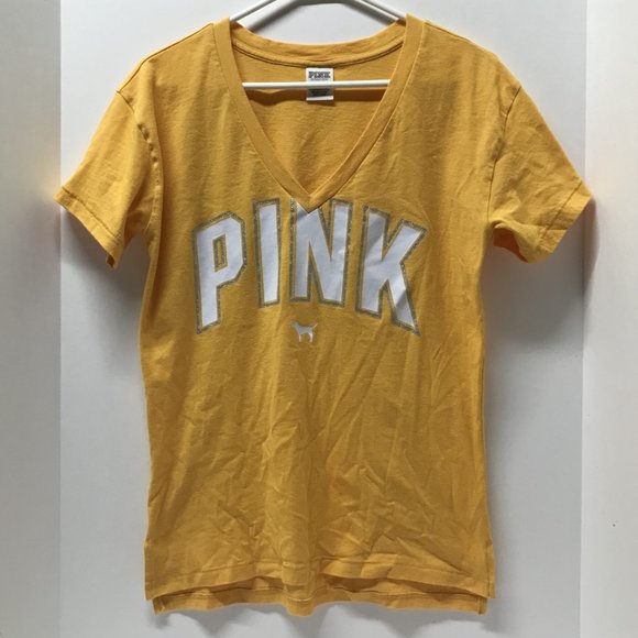 PINK Victoria’s Secret Yellow & White Bling Logo Print Short Sleeve Tee - Picture 3 of 9
